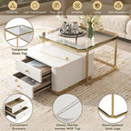 Tables basses gigognes carrées Golden White / Golden Black avec 2 tiroirs, lot de 2