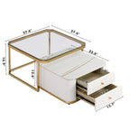 Tables basses gigognes carrées Golden White / Golden Black avec 2 tiroirs, lot de 2