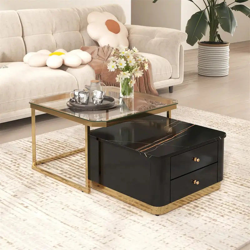 Tables basses gigognes carrées Golden White / Golden Black avec 2 tiroirs, lot de 2