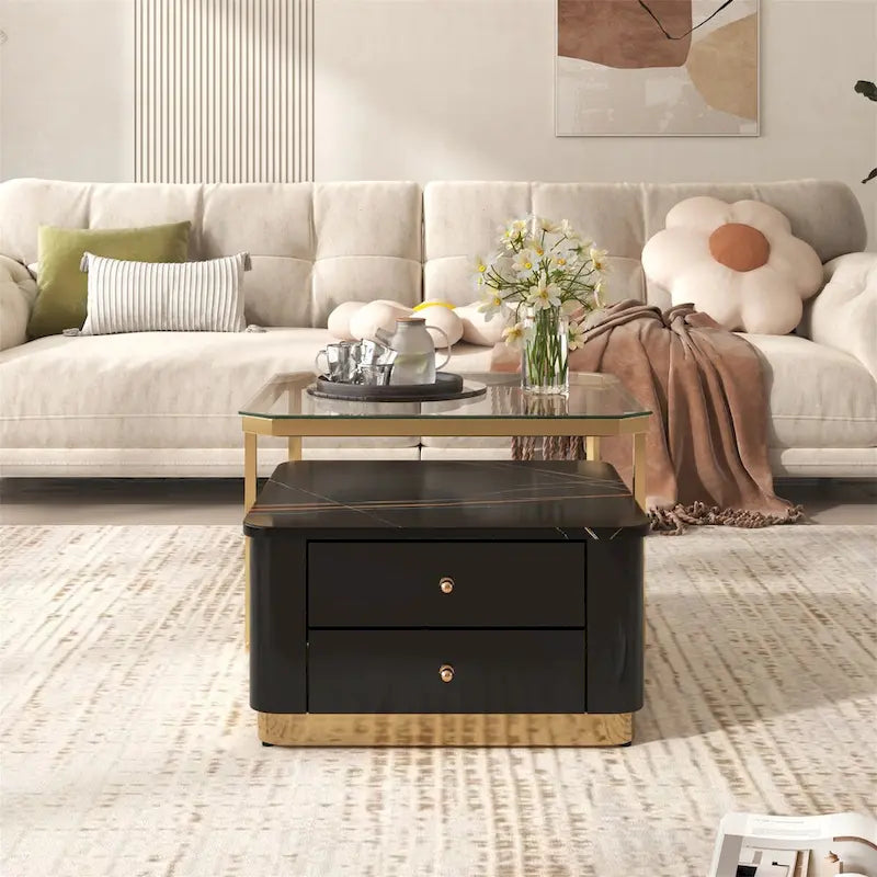 Tables basses gigognes carrées Golden White / Golden Black avec 2 tiroirs, lot de 2