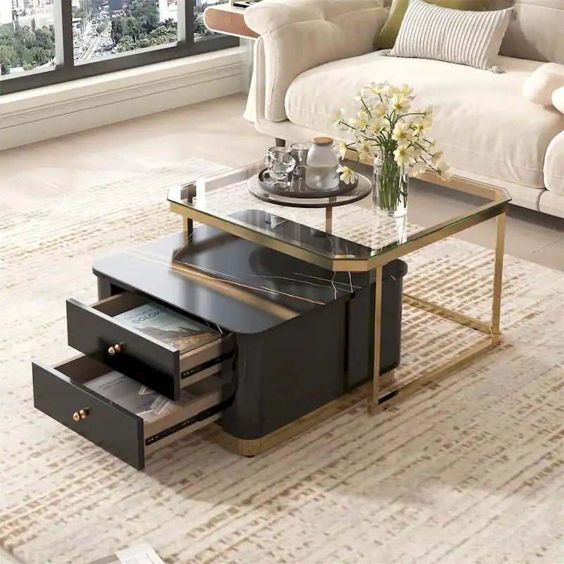 Tables basses gigognes carrées Golden White / Golden Black avec 2 tiroirs, lot de 2