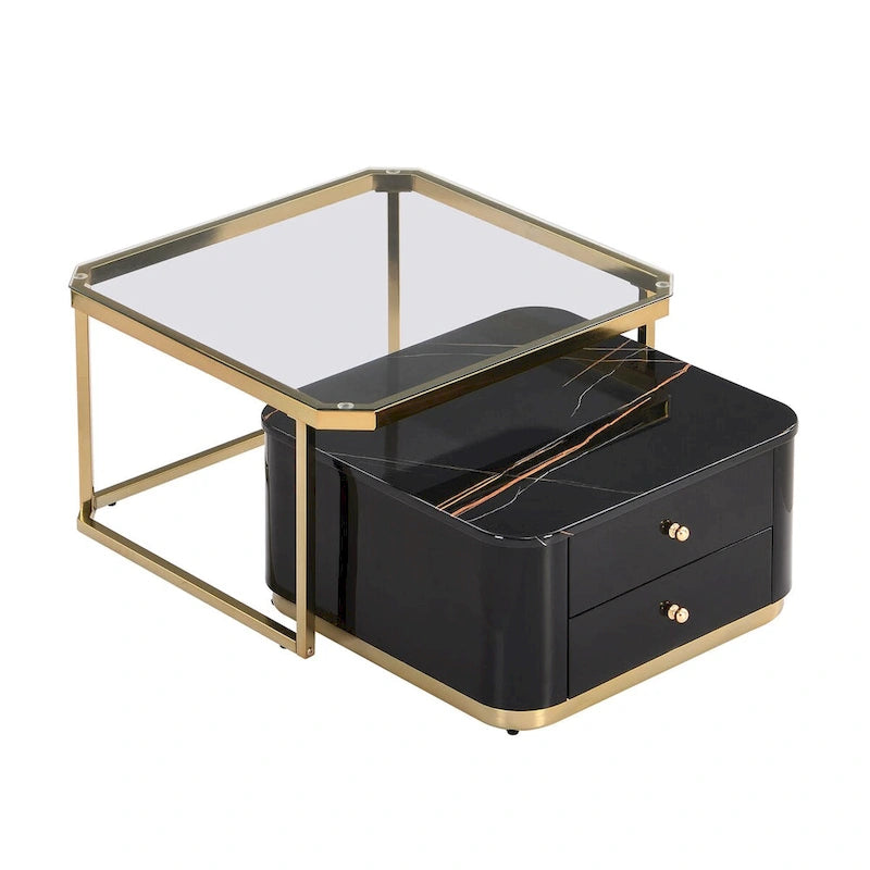 Tables basses gigognes carrées Golden White / Golden Black avec 2 tiroirs, lot de 2