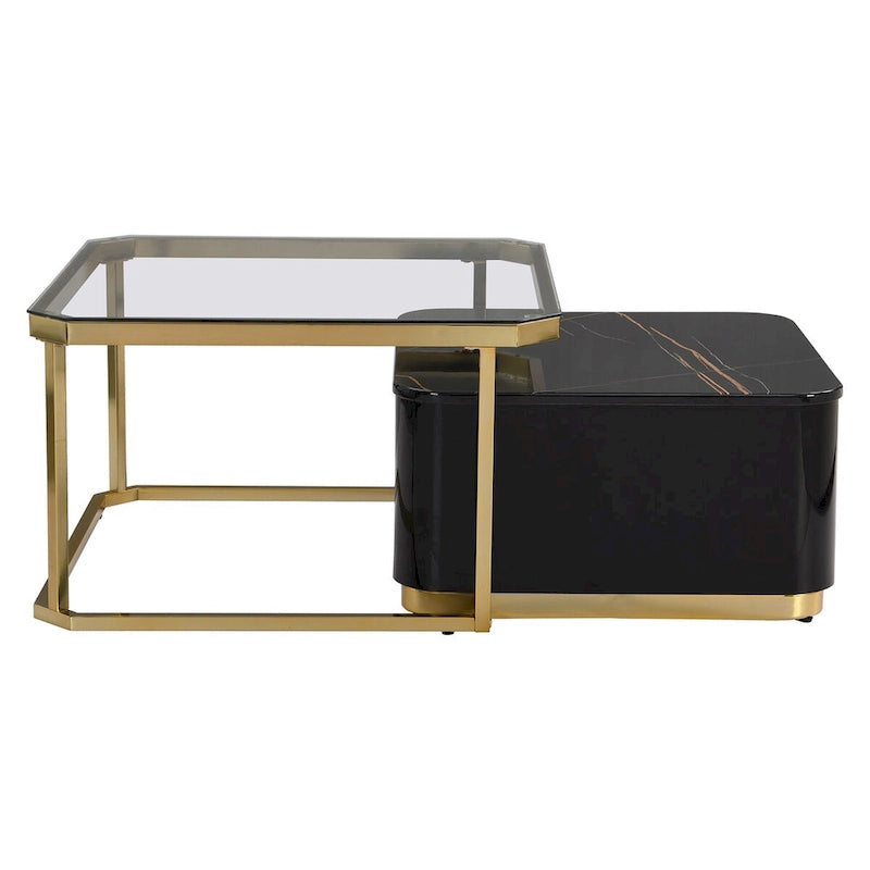 Tables basses gigognes carrées Golden White / Golden Black avec 2 tiroirs, lot de 2