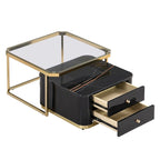 Tables basses gigognes carrées Golden White / Golden Black avec 2 tiroirs, lot de 2