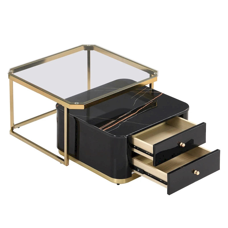 Tables basses gigognes carrées Golden White / Golden Black avec 2 tiroirs, lot de 2
