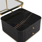 Tables basses gigognes carrées Golden White / Golden Black avec 2 tiroirs, lot de 2