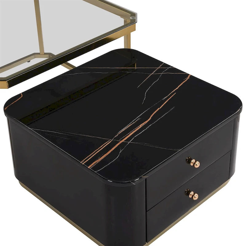 Tables basses gigognes carrées Golden White / Golden Black avec 2 tiroirs, lot de 2