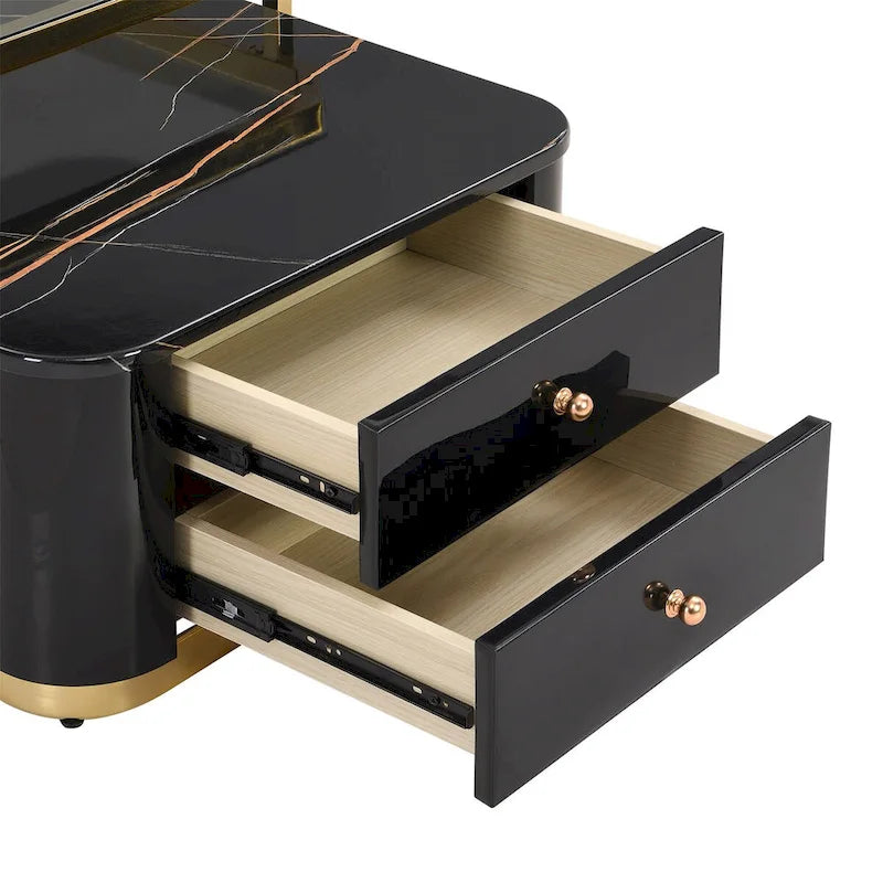 Tables basses gigognes carrées Golden White / Golden Black avec 2 tiroirs, lot de 2