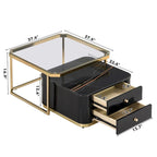 Tables basses gigognes carrées Golden White / Golden Black avec 2 tiroirs, lot de 2